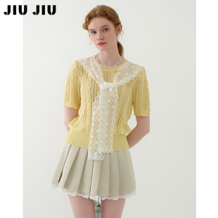 2025新款 夏季 设计感气质百搭上衣 女短袖 JIUJIU蕾丝披肩镂空针织衫