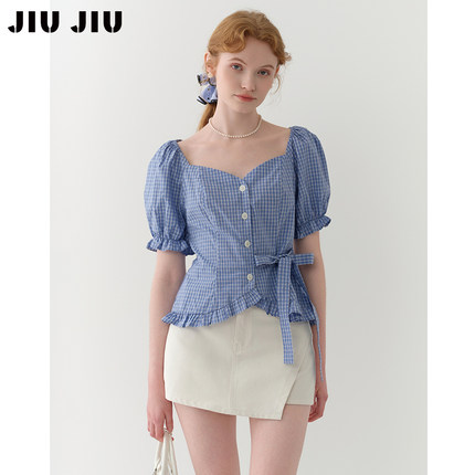 JIUJIU法式复古泡泡袖蝴蝶结系带格子衬衫女夏季收腰短款衬衣上衣