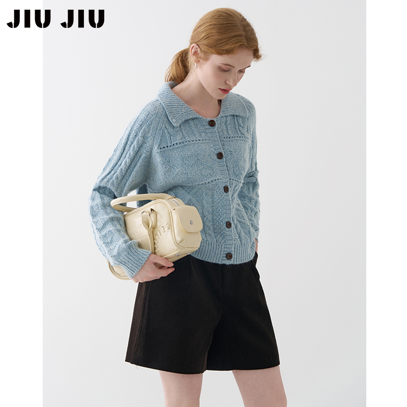 JIUJIU复古彩纱线菱形麻花针织开衫女秋冬2025新款休闲翻领毛衣