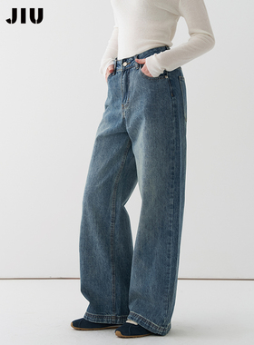 JIUJIU休闲街头风复古蓝色牛仔裤女宽松秋冬2025新款直筒裤长裤