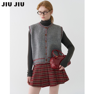 JIUJIU复古文艺风撞色刺绣针织马甲女秋冬新款叠穿打底马夹上衣