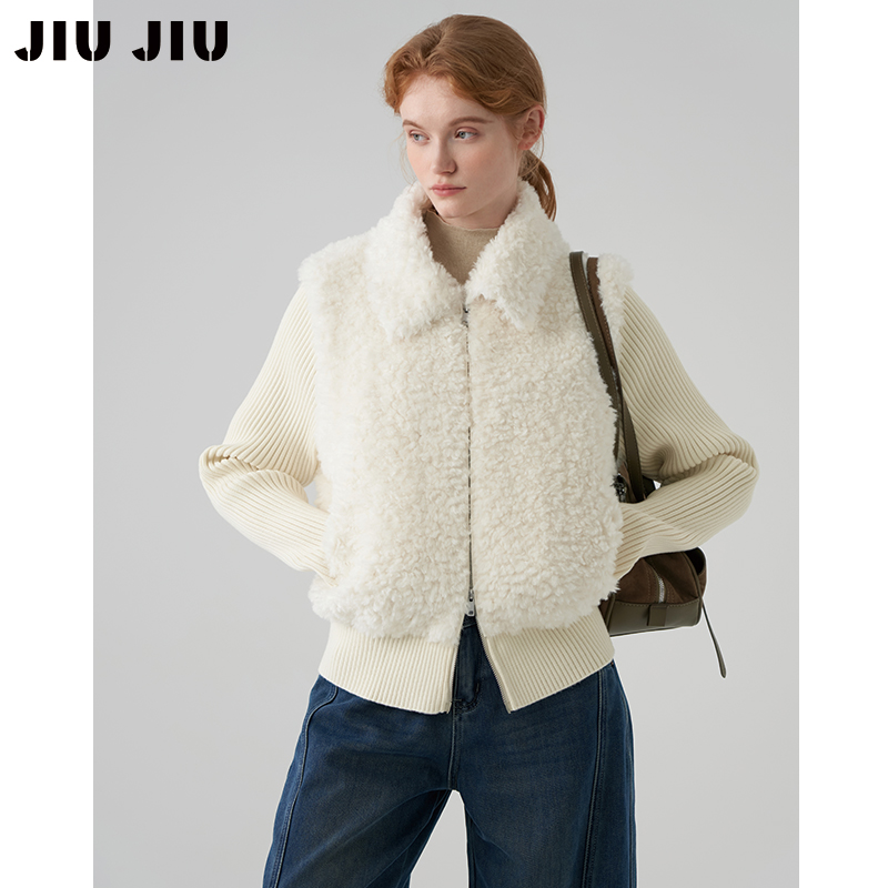 JIUJIU设计感假两件针织拼接仿羊羔毛外套女冬季小个子短款上衣