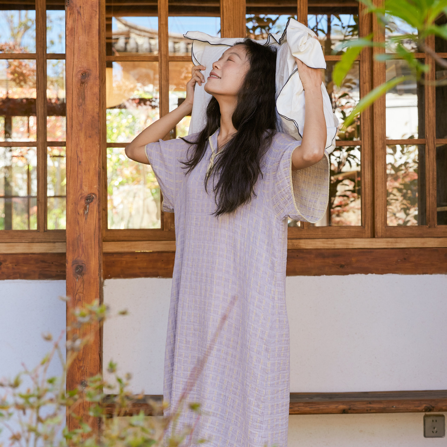 26夏季新款棉休闲简约短袖提花小皱布吸湿透气女家居睡裙朵朵可可