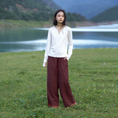 搭配T恤上衣朵朵可可 包边流苏阔腿裤 100棉 复古磨毛细格