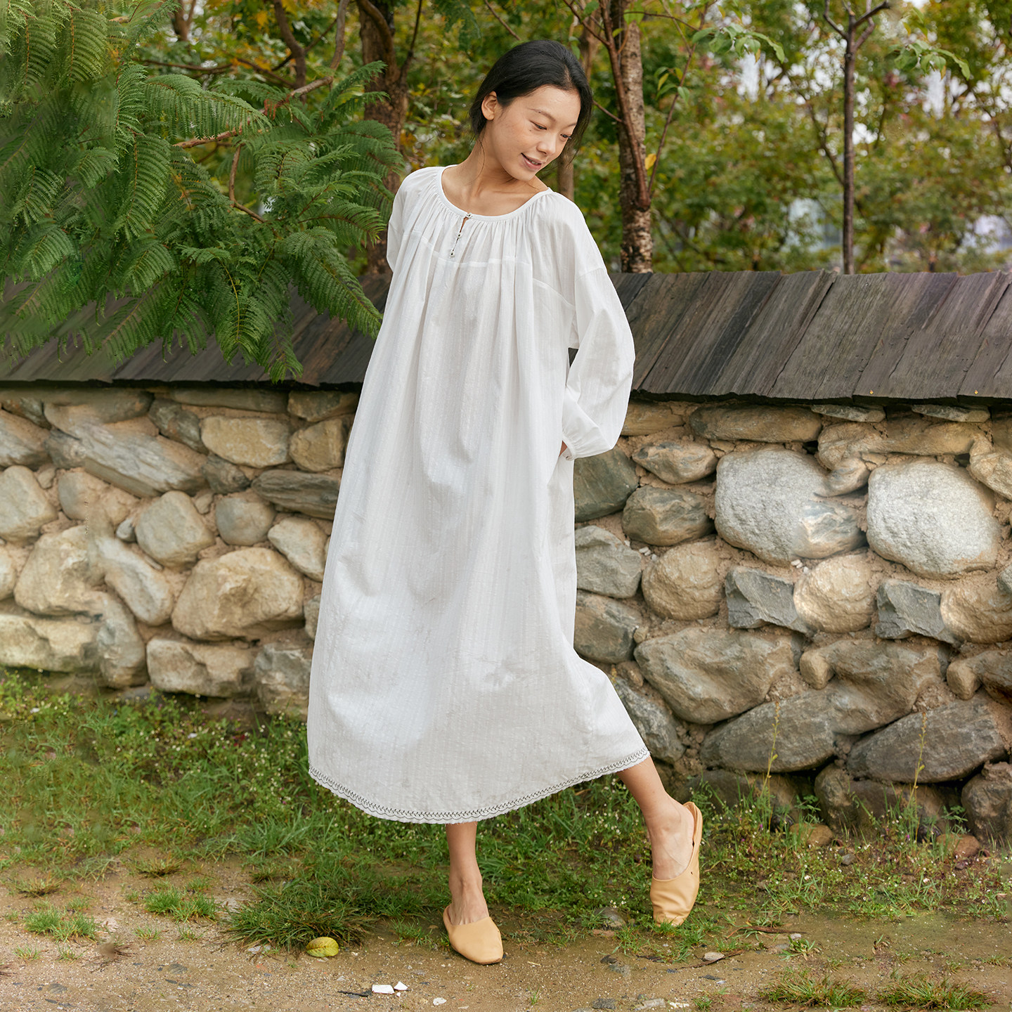 100%纯棉睡裙女春夏季长袖慵懒风可外出长裙宽松家居服朵朵可可