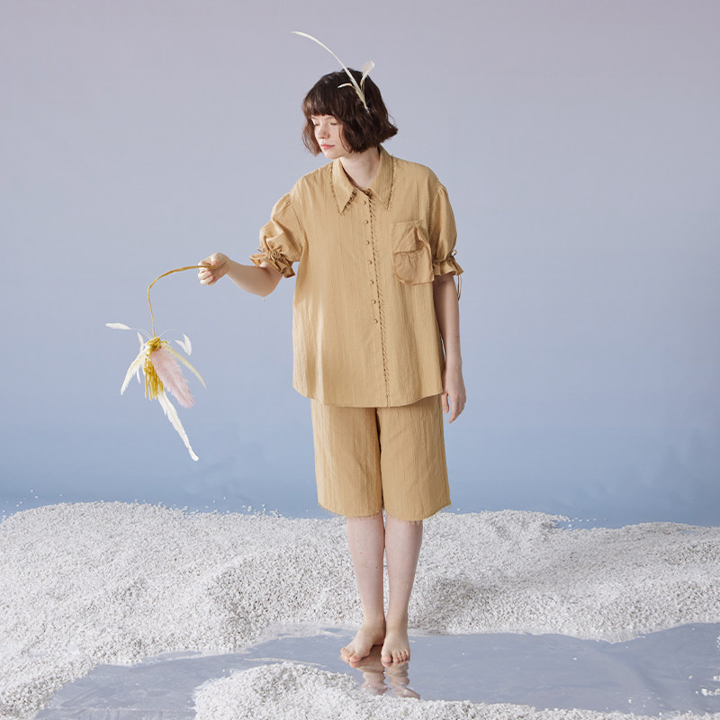 纯棉竖线纹理提花抽绳花苞衣袖夏日短袖短裤女家居服套装朵朵可可