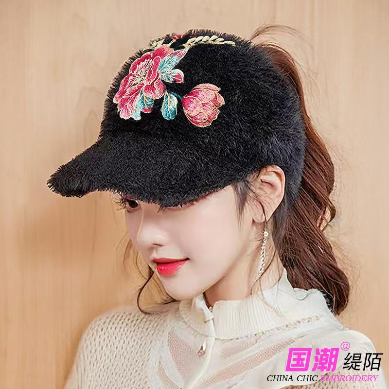 帽子女秋冬民族风刺绣毛线帽加厚保暖户外骑车女士空顶棒球帽冬天