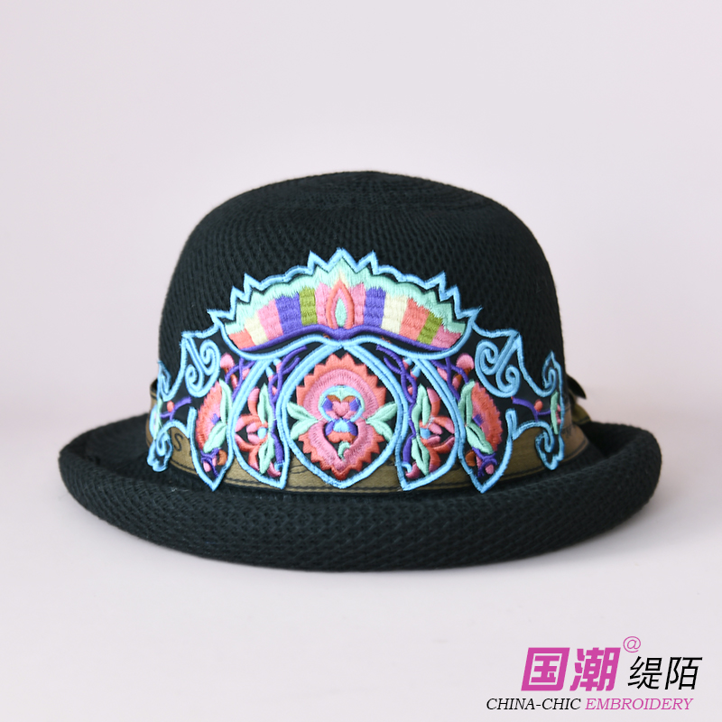 帽子女2025新款刺绣花帽盆帽复古礼帽春秋冬小卷边休闲百搭渔夫帽
