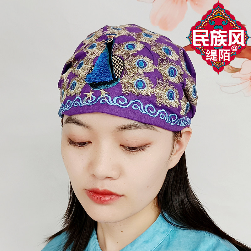 民族风绣花薄款棉麻帽子女帽孔雀开屏绣花帽子系带头巾帽包头帽子