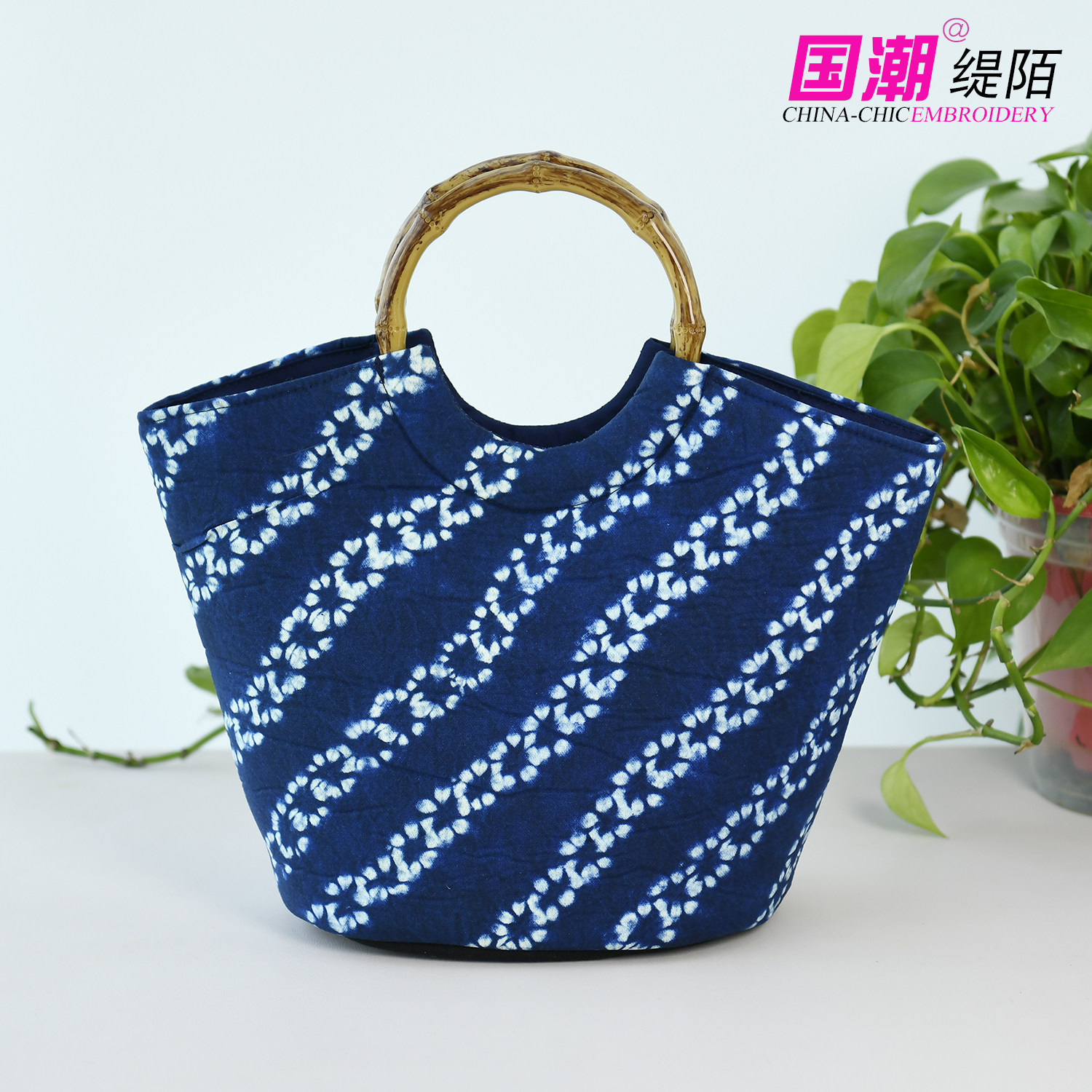 复古大理民族风扎染手提包女仿竹节柄圆环手拎包蓝色文艺布包女包