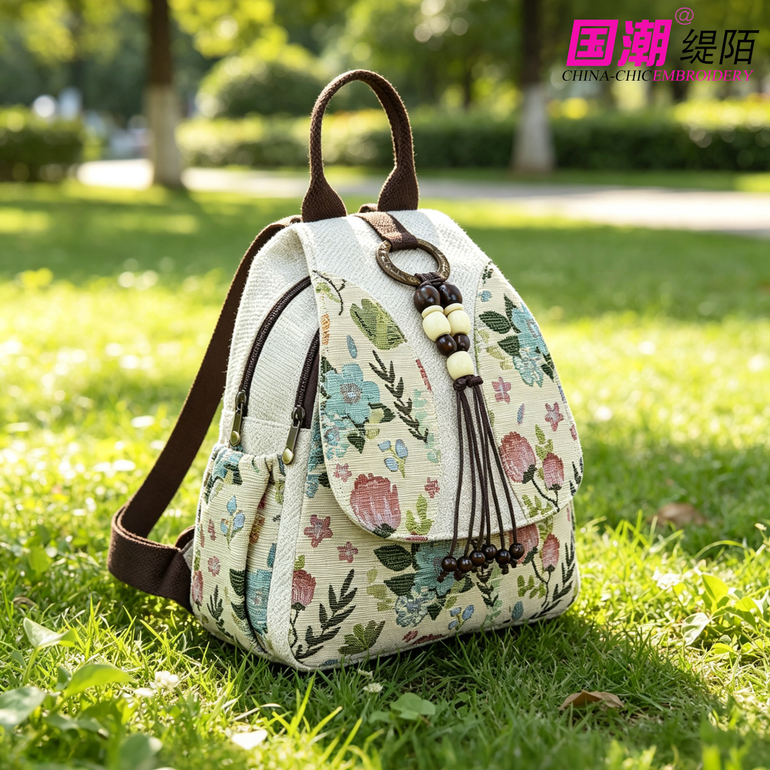 民族风布艺小双肩包女手工串珠流苏棉麻布包百搭轻便背包休闲女包