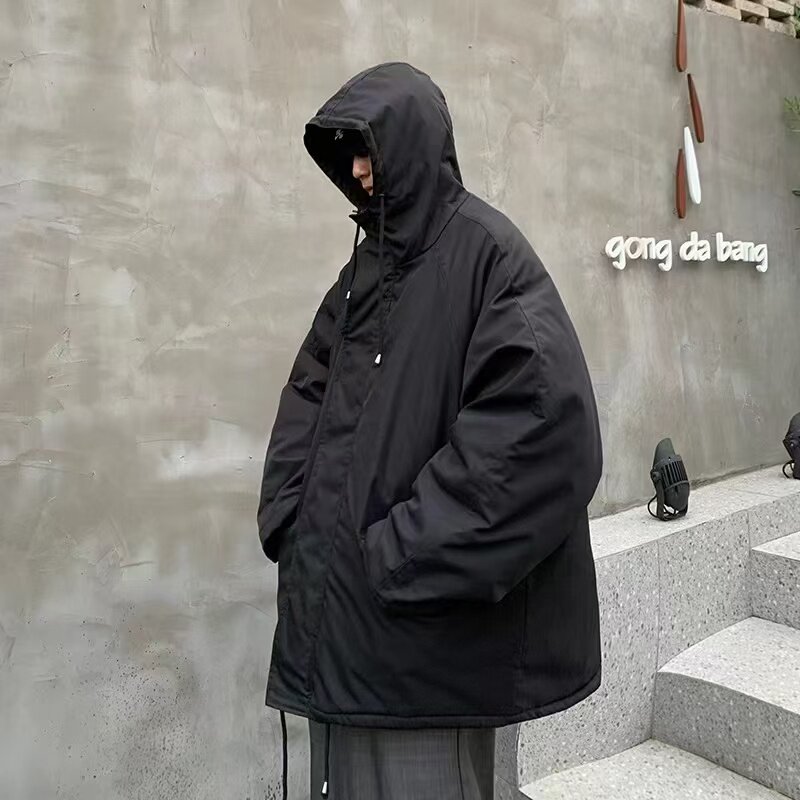男士连帽抽绳收腰插肩款夹克棉衣