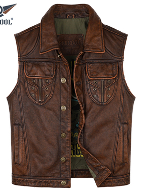 帅气机车皮夹克男头层牛皮真皮皮衣青年时尚马甲背心做旧皮坎肩潮