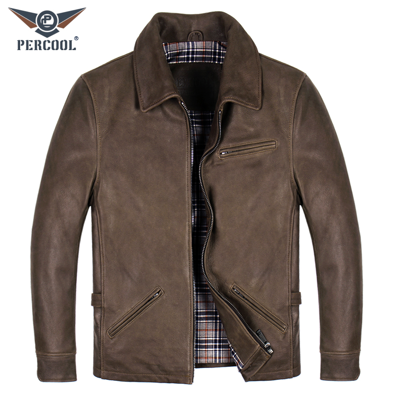 PERCOOL欧美风复古做旧真皮皮衣