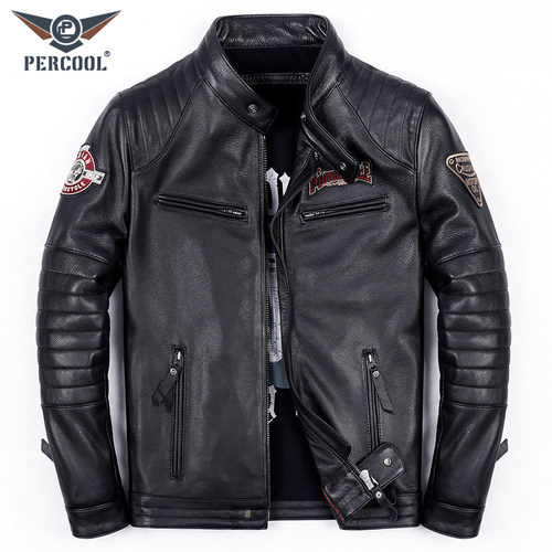 PERCOOL修身短款头层牛皮皮夹克