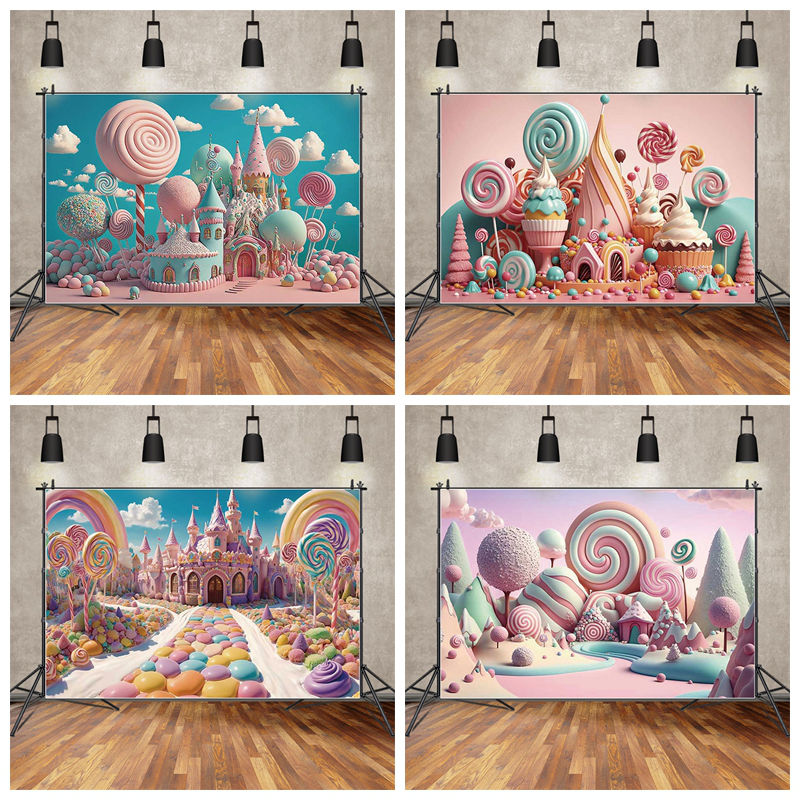 糖果屋粉色城堡生日布置背景布