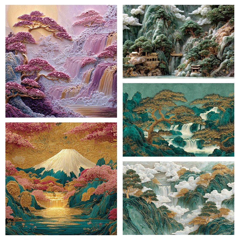 高山流水油画风背景布松柏群山