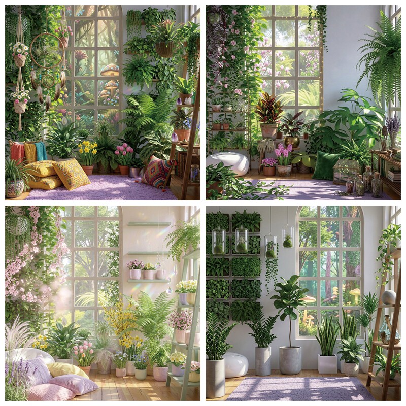 绿色植物室内直播背景布阳光光影