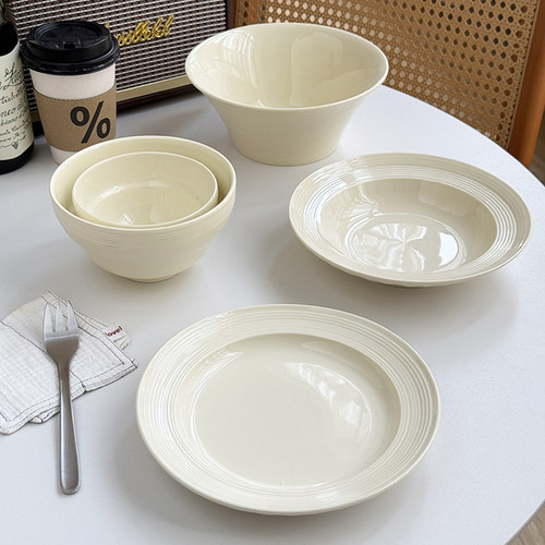 法式高级感螺纹奶黄色家用陶瓷釉下彩餐具ins浮雕葫芦碗菜盘汤碗