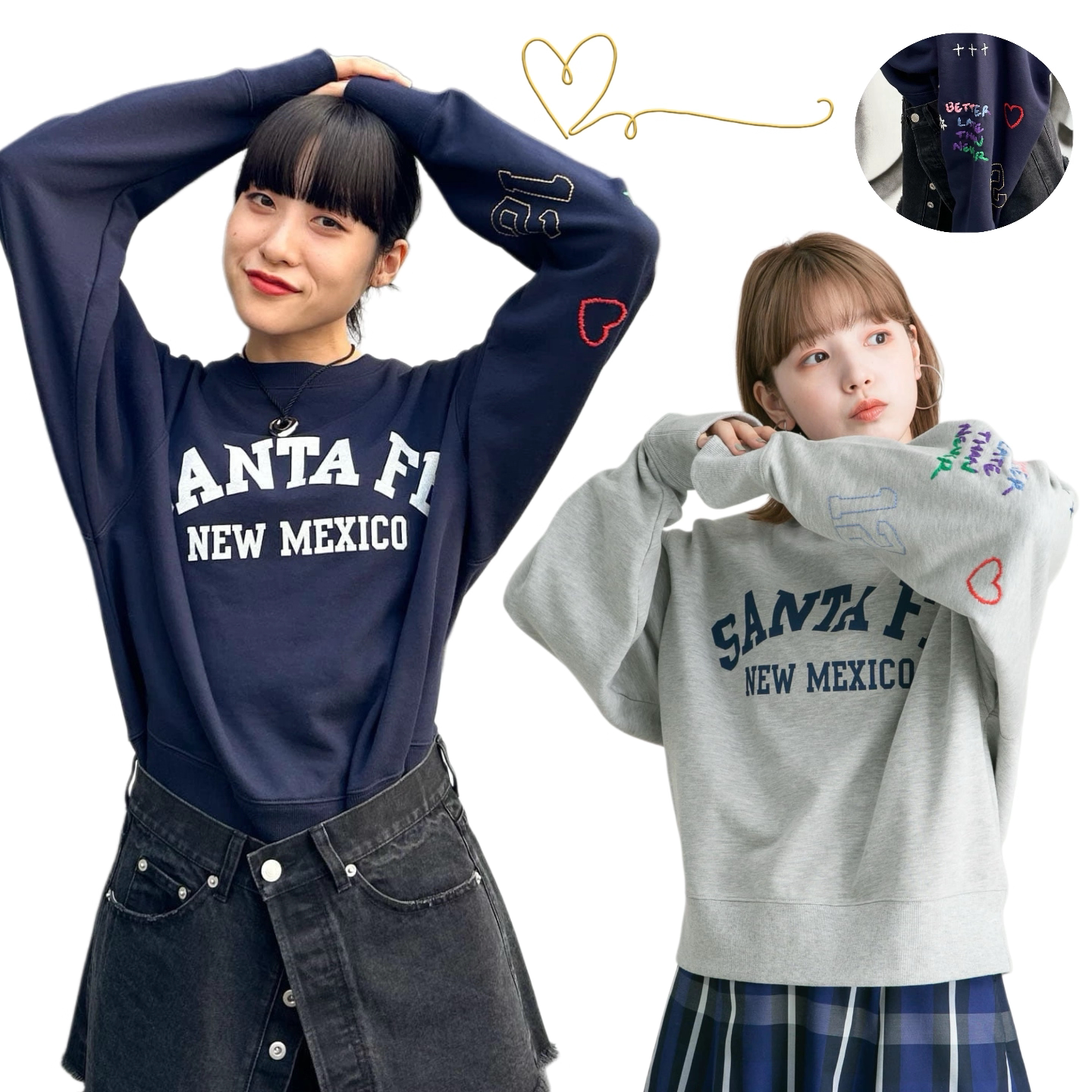 日系新品袖图案字母爱心刺绣前印花毛圈棉圆领卫衣百搭上衣女