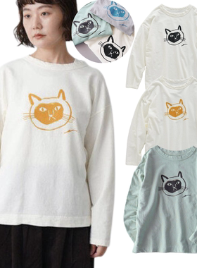 日系新品卡通猫咪印花竹节棉长袖T恤百搭叠穿上衣女cc45