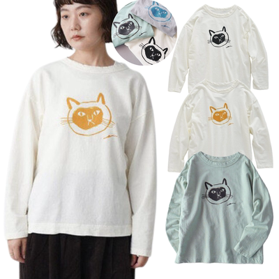 日系新品卡通猫咪印花竹节棉长袖T恤百搭叠穿上衣女cc45
