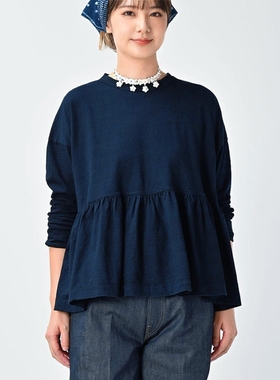 日系春季新品cc45下摆荷叶边后刺绣字母圆领靛蓝长袖T恤上衣女