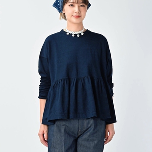 cc45下摆荷叶边后刺绣字母圆领靛蓝长袖 T恤上衣女 新品 日系春季