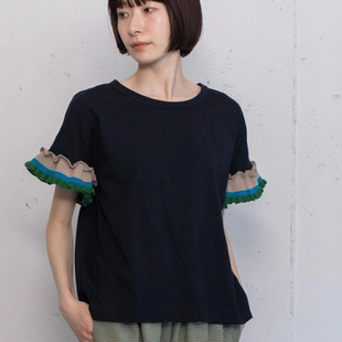 张晓沫日系25夏新品 T恤百搭上衣女 甜美pdd袖 拼色荷叶边圆领短袖
