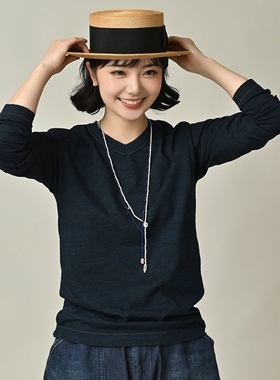 日系新品靛蓝V领长袖T恤百搭宽松上衣女Ctrl C 45r