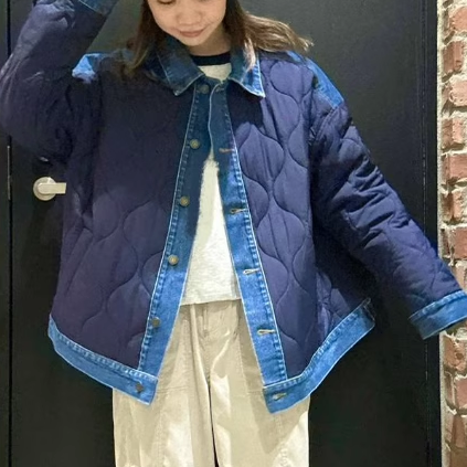 日系25秋冬新品妮蔻绗棉拼接牛仔棉服百搭上衣女