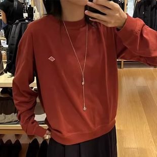 日系秋冬新品dan菱形刺绣字母纯色百搭毛圈棉长袖卫衣