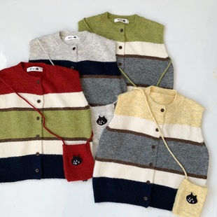 日系惊讶猫咪撞色条纹针织无袖马甲叠穿上衣+配色口袋女