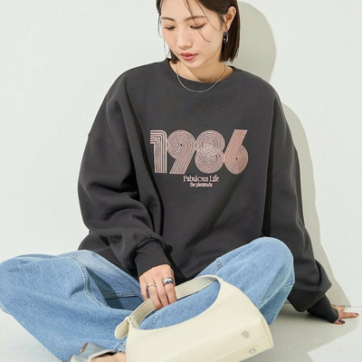 日系26春季新品刺绣数字1986毛圈棉圆领卫衣百搭宽松上衣女