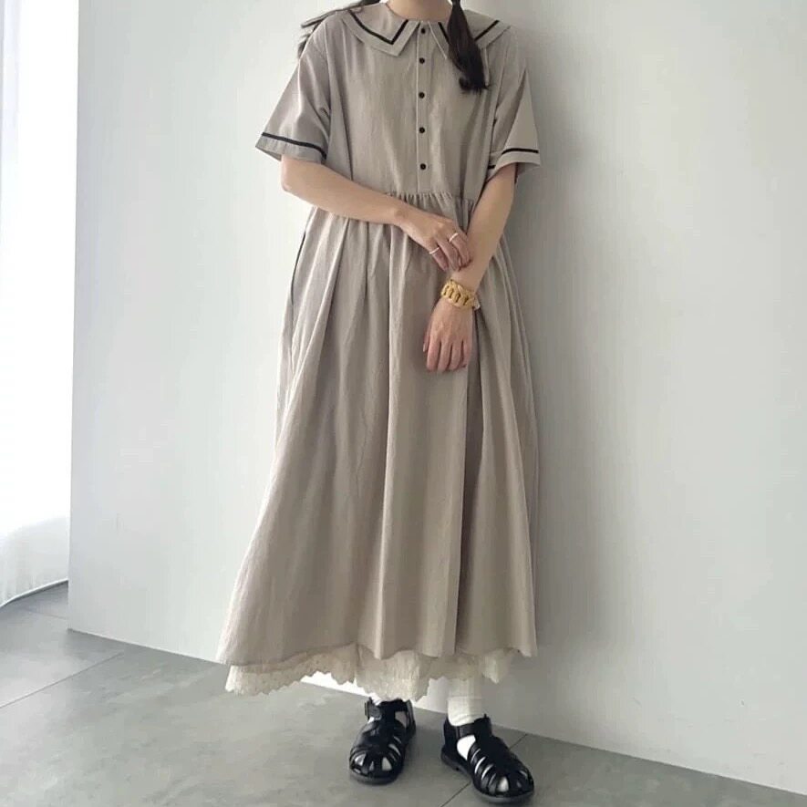 日系新品森女系前后两穿褶皱宽松连衣裙长裙女SM*2