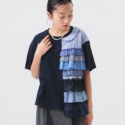 日系25秋冬新品 Beamsboy 不规则撞色拼接条纹圆领短袖T恤女