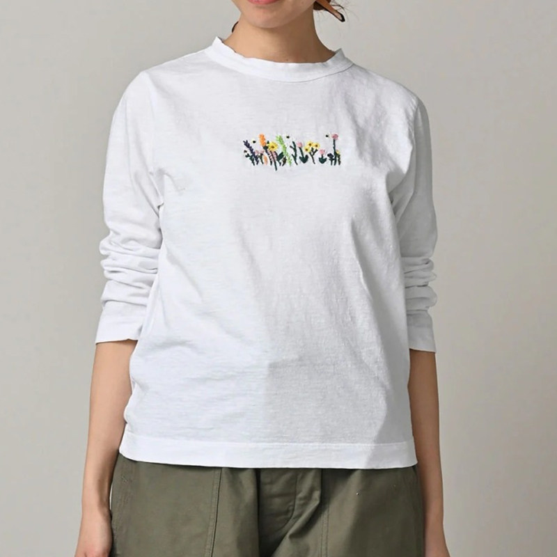 日系新品Ctrl C 45r花簇刺绣竹节棉百搭长袖T恤叠穿上衣女