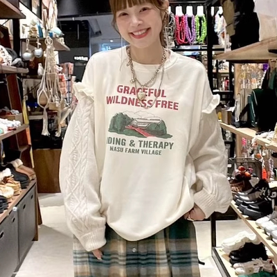 日系25秋冬新品狗狗印花荷叶袖拼接针织毛圈棉卫衣百搭上衣女妮蔻