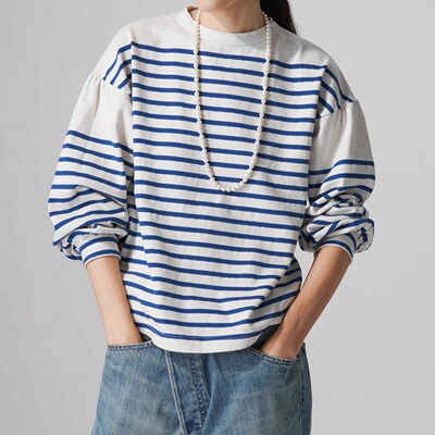 张晓沫日系新品后一粒扣泡泡袖条纹长袖T恤衫精梳棉上衣女