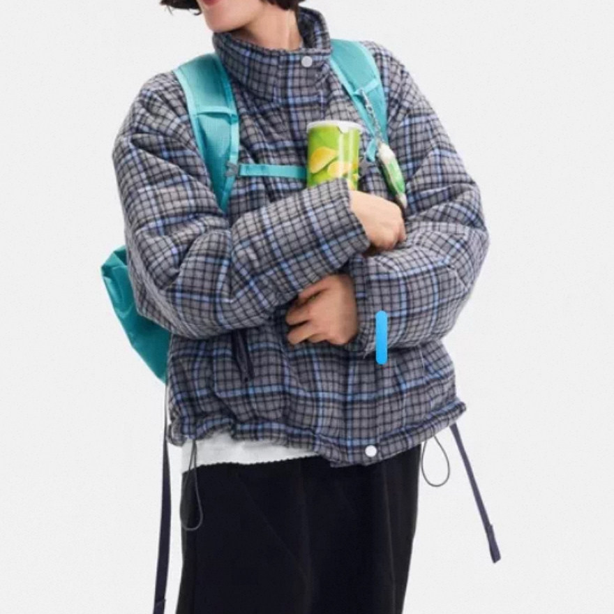 日系冬季新品下摆抽绳立领拉链格子棉服保暖棉衣