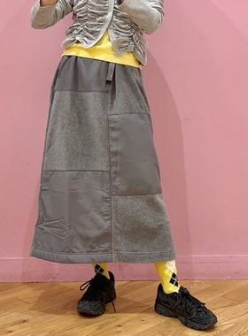 日系秋冬款beams联名摇粒绒撞色拼接松紧腰半身裙女