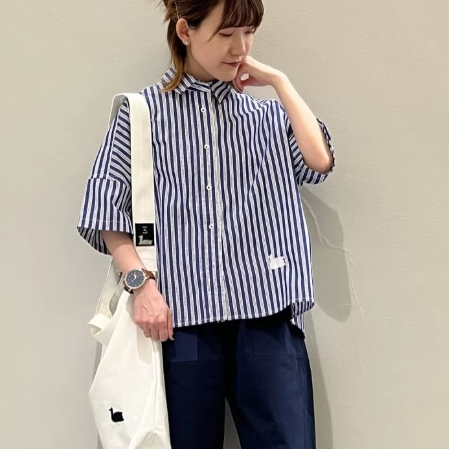 张晓沫日系25夏新品nop下摆刺绣天鹅条纹点点短袖衬衫百搭上衣女