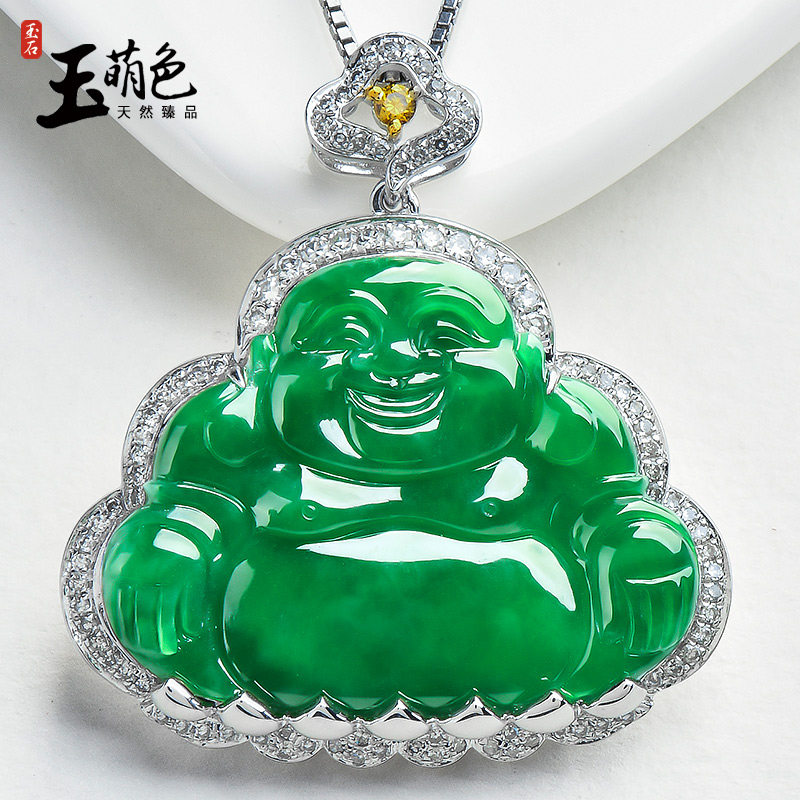 玉萌色冰种辣绿翡翠玉佛吊坠18K金镶玉佛公弥勒佛玉坠挂件5406