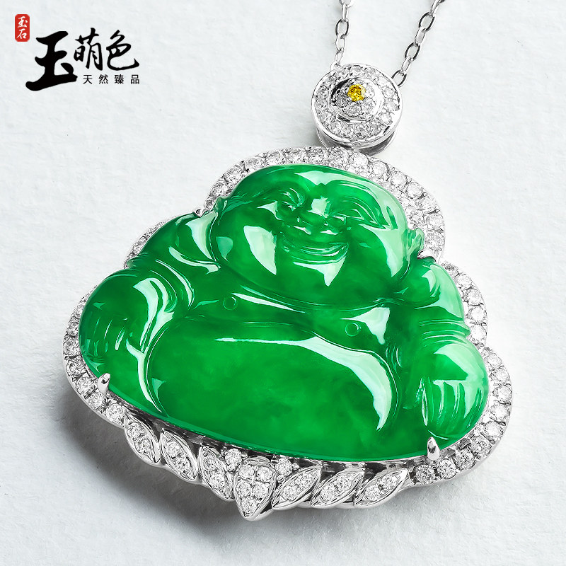 玉萌色正品18K金镶玉吊坠冰种阳绿翡翠玉佛挂件满绿佛公玉坠5182