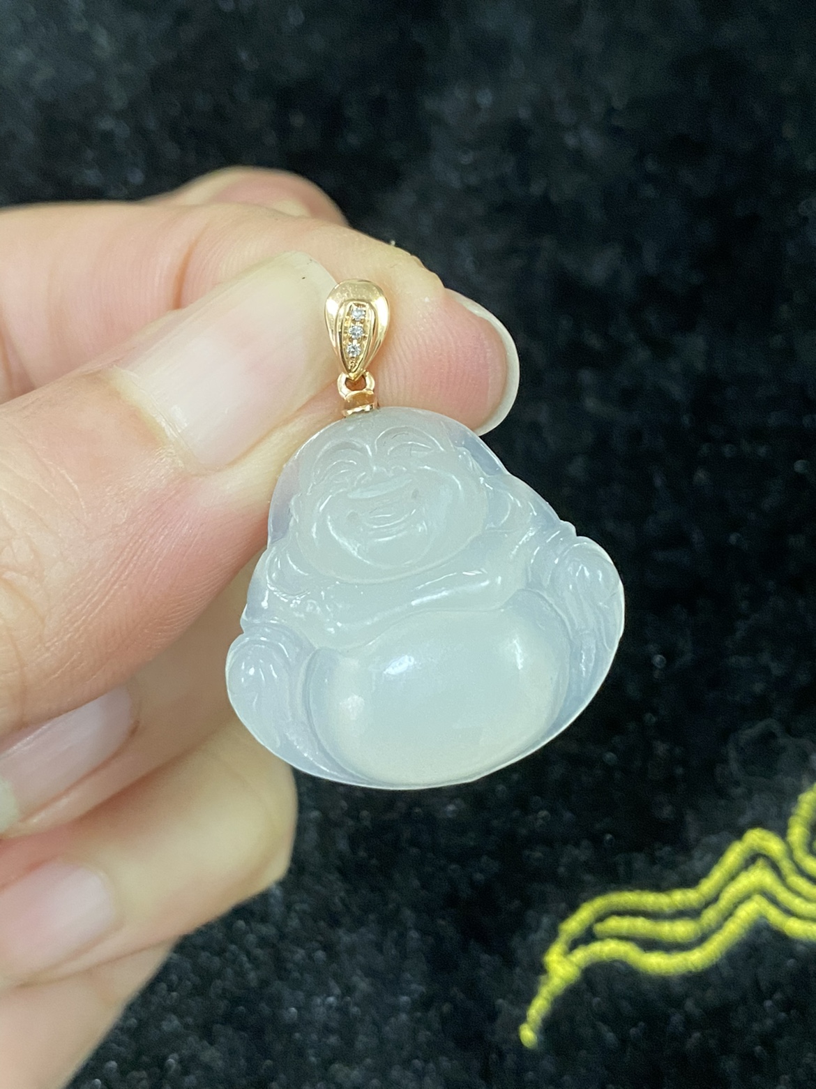 玉萌色18k金镶白玉吊坠女玉坠玉佛弥勒佛挂件和田玉笑佛挂坠D115