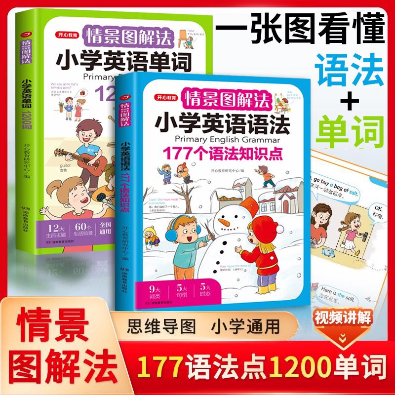 开心教育情景图解法小学英语语法知识大全 小学英语单词1200词一二三四五六年级177个语法知识点专项强化训练词汇句型总表讲解作文