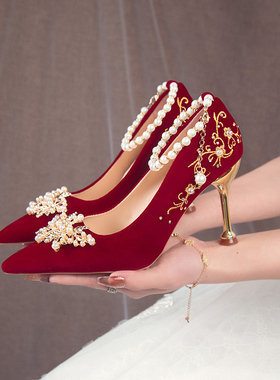 红色订婚鞋新娘鞋秀禾婚纱两穿2026新款中式孕妇敬酒服高跟鞋细跟