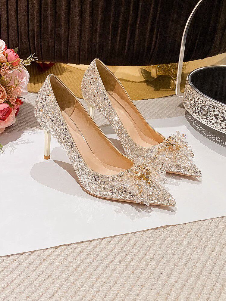 婚鞋秀禾婚纱两穿水晶鞋新娘鞋女香槟色细高跟鞋不累脚水晶花单鞋