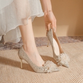 女细跟香槟色订婚鞋 绝美高跟鞋 禾秀主婚纱两穿新娘水晶伴娘鞋 法式