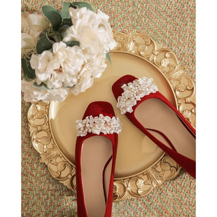 红色秀禾婚纱两穿主婚鞋新娘伴娘鞋不累脚日常可穿订婚粗跟单鞋女